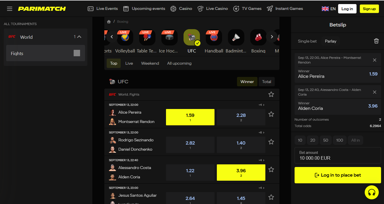 Pagina delle scommesse sportive su Parimatch Italia