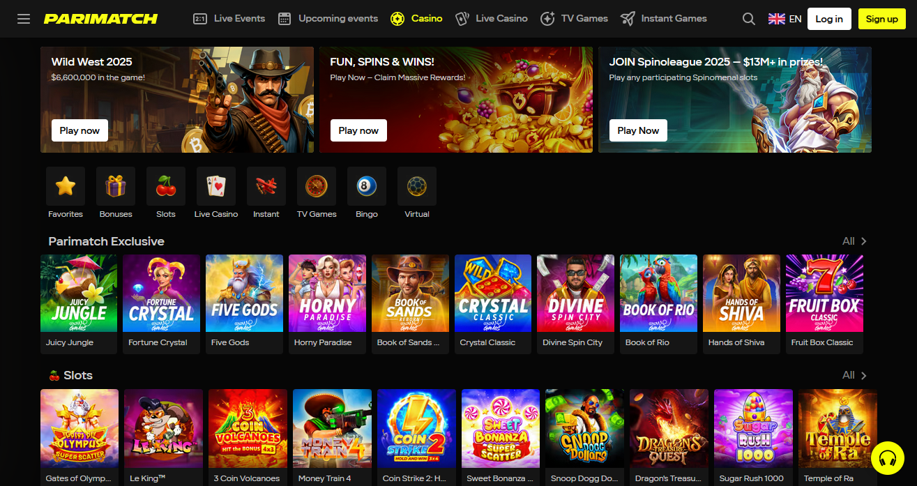 Interfaccia del casinò online Parimatch Italia