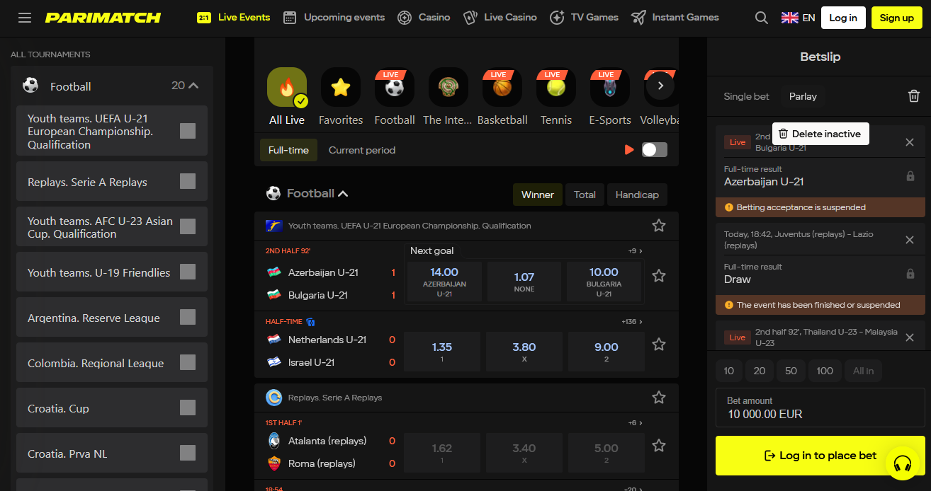 Sezione delle scommesse live su Parimatch Italia