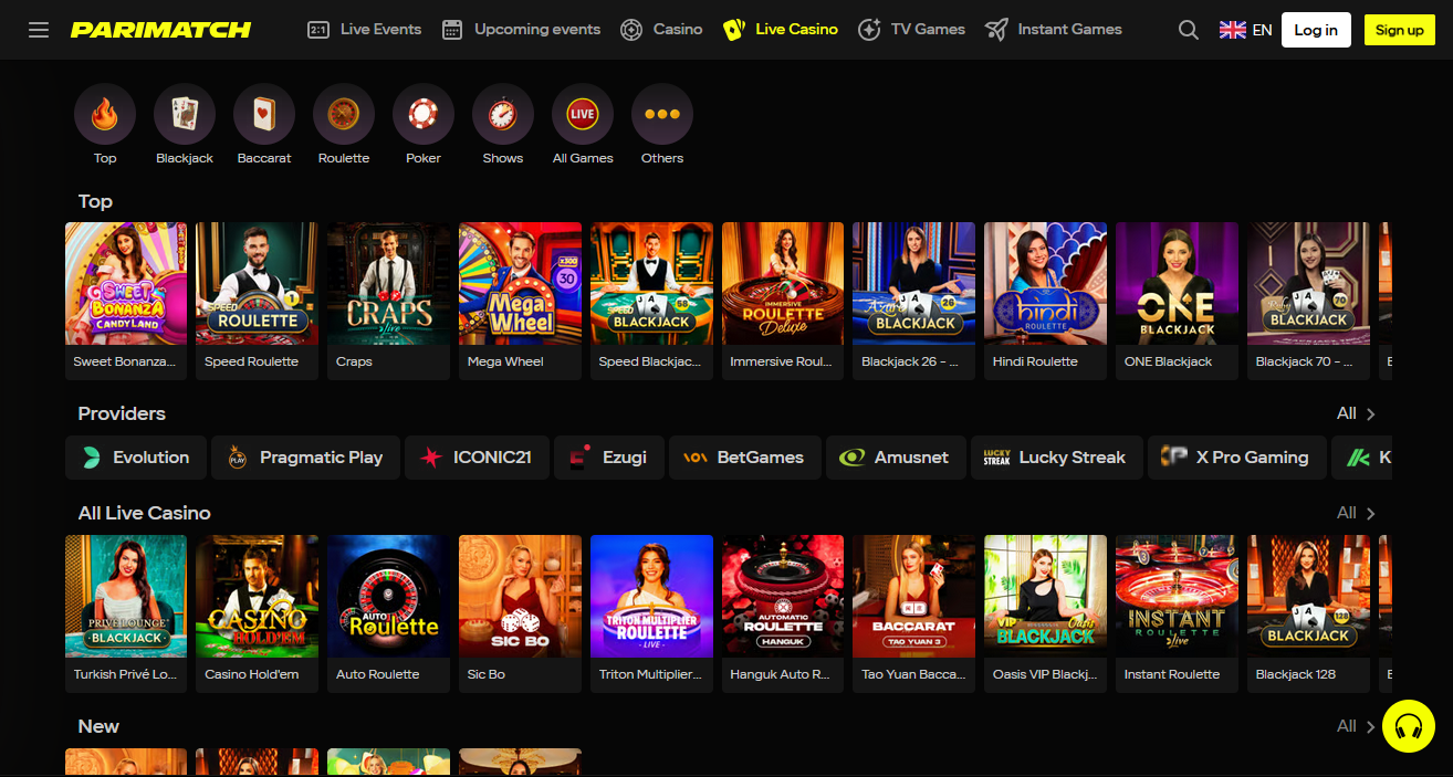 Giochi dal vivo nel live casino Parimatch Italia