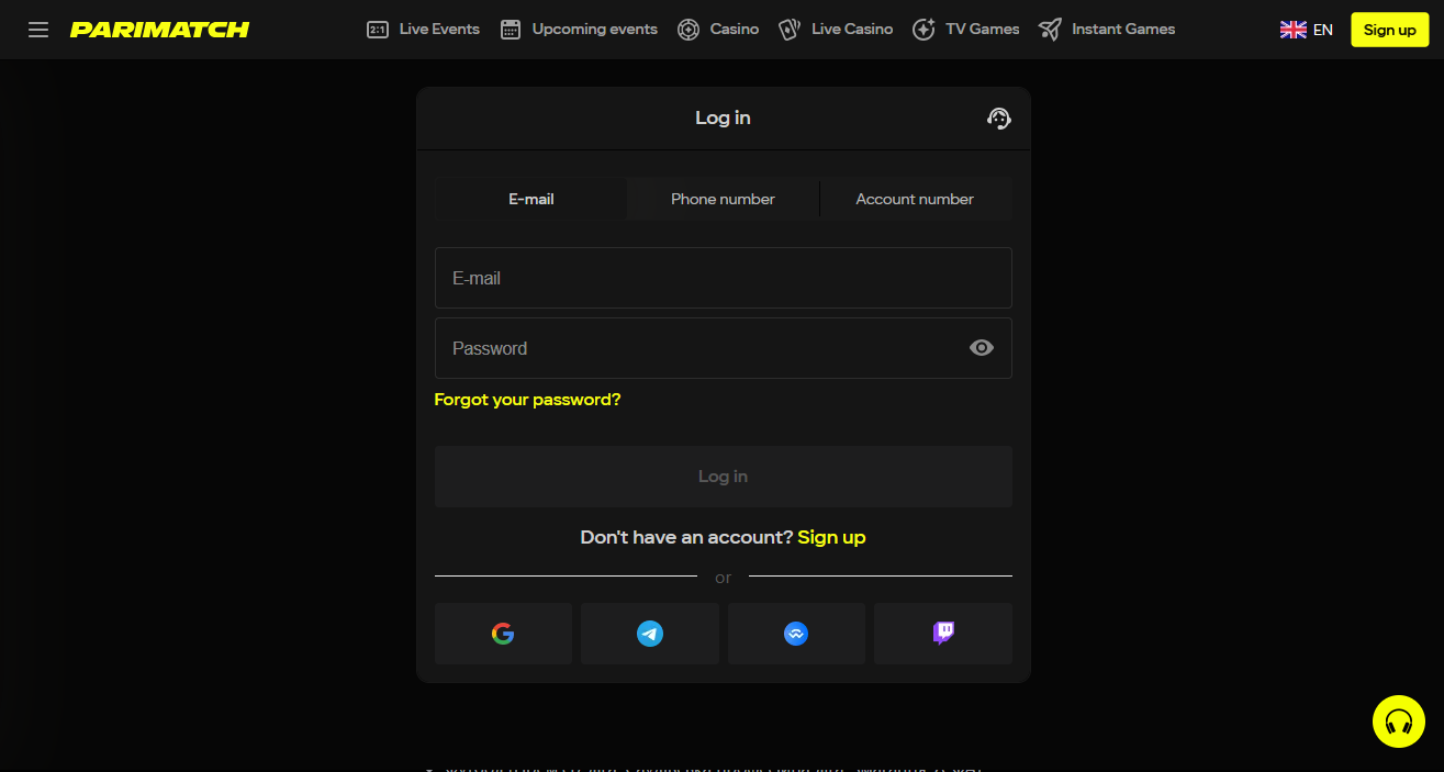 Pagina di accesso all’account Parimatch Italia