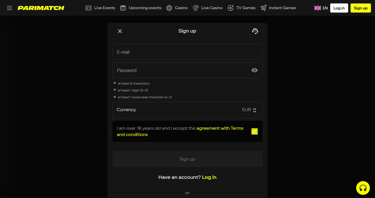 Modulo di registrazione su Parimatch Italia